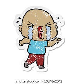 distressed sticker of a cartoon crying bald man