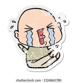 distressed sticker of a cartoon crying bald man