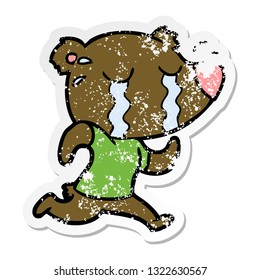 distressed sticker of a cartoon crying bear running