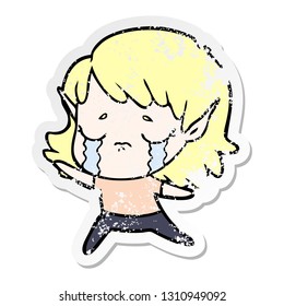 distressed sticker of a cartoon crying elf girl