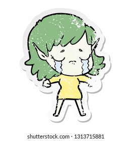 distressed sticker of a cartoon crying elf girl