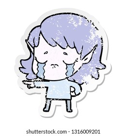 distressed sticker of a cartoon crying elf girl