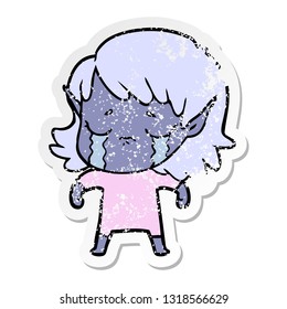 distressed sticker of a cartoon crying elf girl