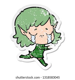 distressed sticker of a cartoon crying elf girl