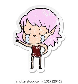 distressed sticker of a cartoon crying elf girl