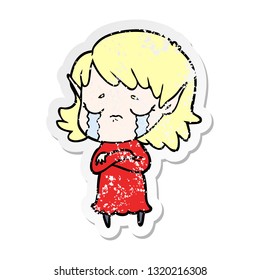 distressed sticker of a cartoon crying elf girl