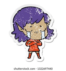 distressed sticker of a cartoon crying elf girl