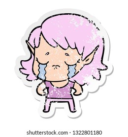 distressed sticker of a cartoon crying elf girl