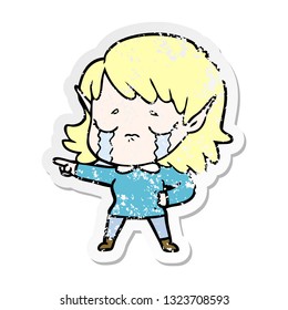 distressed sticker of a cartoon crying elf girl