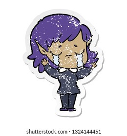 distressed sticker of a cartoon crying elf girl