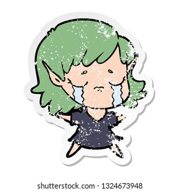 distressed sticker of a cartoon crying elf girl