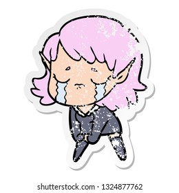 distressed sticker of a cartoon crying elf girl