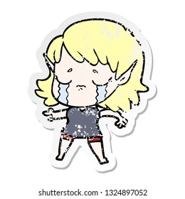 distressed sticker of a cartoon crying elf girl