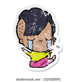 distressed sticker of a cartoon crying girl