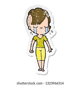 distressed sticker of a cartoon crying girl
