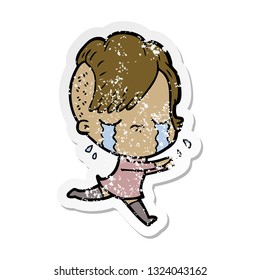distressed sticker of a cartoon crying girl running away