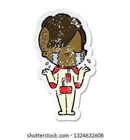 distressed sticker of a cartoon crying girl wearing space clothes