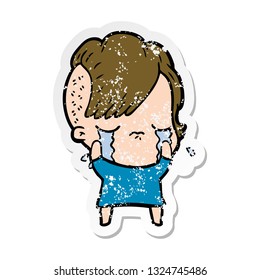 distressed sticker of a cartoon crying girl