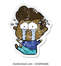 distressed sticker of a cartoon crying man sat on floor