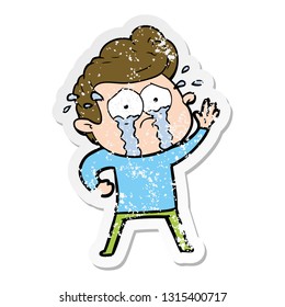 distressed sticker of a cartoon crying man waving