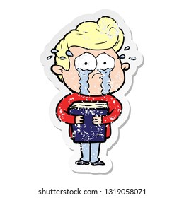 distressed sticker of a cartoon crying man holding book