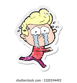 distressed sticker of a cartoon crying man running