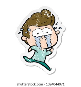 distressed sticker of a cartoon crying man running