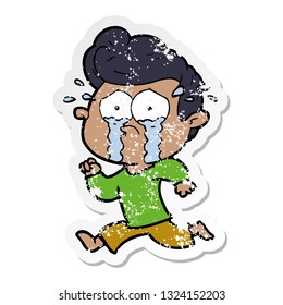 distressed sticker of a cartoon crying man running