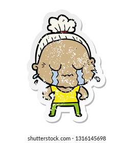 distressed sticker of a cartoon crying old lady