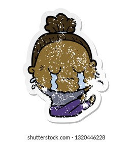 distressed sticker of a cartoon crying old lady
