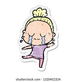 distressed sticker of a cartoon crying old lady