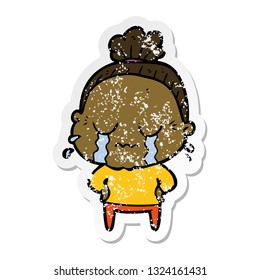 distressed sticker of a cartoon crying old lady