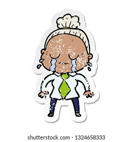 distressed sticker of a cartoon crying old lady