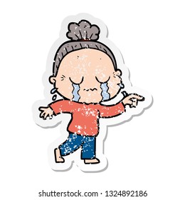 distressed sticker of a cartoon crying old lady