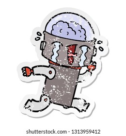 distressed sticker of a cartoon crying robot