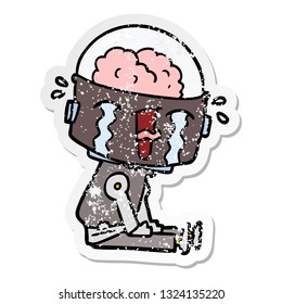 distressed sticker of a cartoon crying robot
