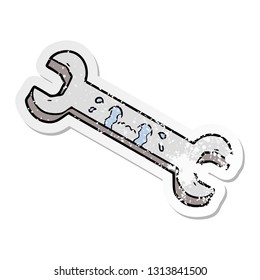 distressed sticker of a cartoon crying spanner