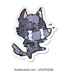 distressed sticker of a cartoon crying wolf