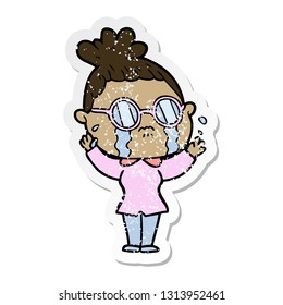 distressed sticker of a cartoon crying woman wearing spectacles