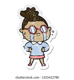 distressed sticker of a cartoon crying woman wearing spectacles