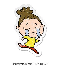 distressed sticker of a cartoon crying woman running away