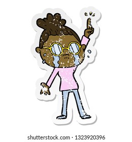 distressed sticker of a cartoon crying woman wearing spectacles