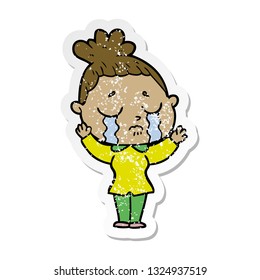 distressed sticker of a cartoon crying woman