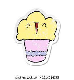 distressed sticker of a cartoon cupcake with face