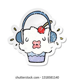 distressed sticker of a cartoon cupcake listening to music