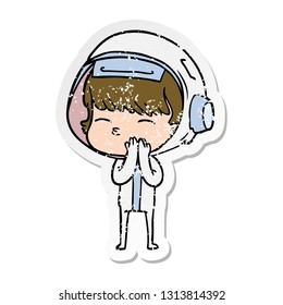 distressed sticker of a cartoon curious astronaut