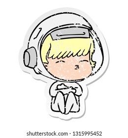 distressed sticker of a cartoon curious astronaut