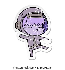 distressed sticker of a cartoon curious astronaut
