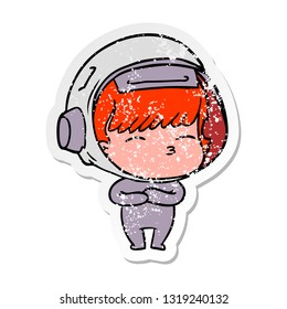 distressed sticker of a cartoon curious astronaut