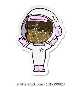 distressed sticker of a cartoon curious astronaut